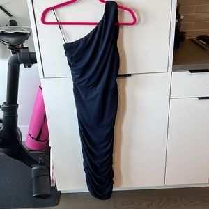 Blue cinched midi dress. One shoulder